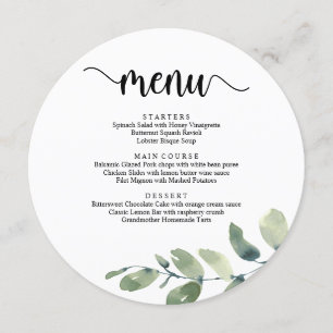 Menu Dîner Elopement Moderne Rustique Eucalyptus Vert