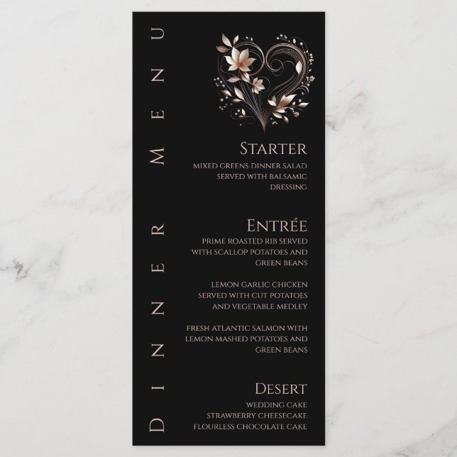 Menu Dîner et Bar Menu-Rose Gold Flowers avec un coeur (Devant)