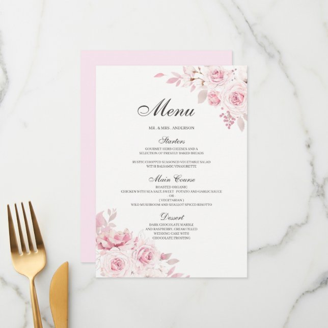 Menu Dîner Fiançailles Mariage rose pâle Menu (Devant/Arrière en situation)
