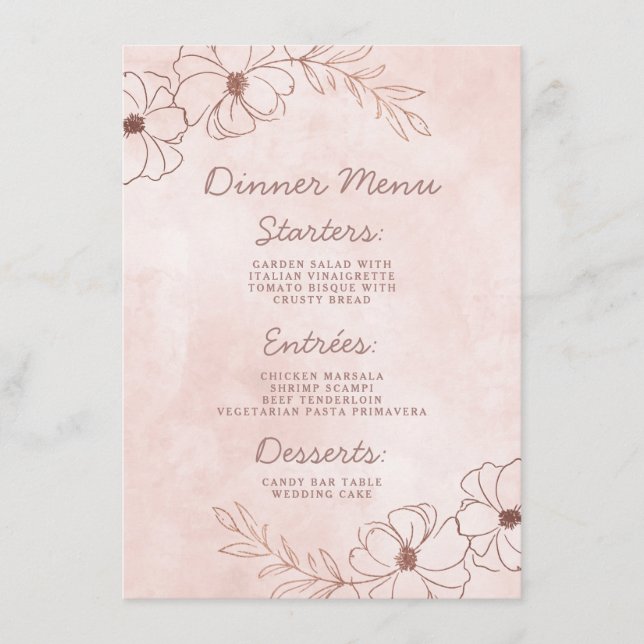 Menu Dîner Floral Pink & Rose Gold Foil (Devant)