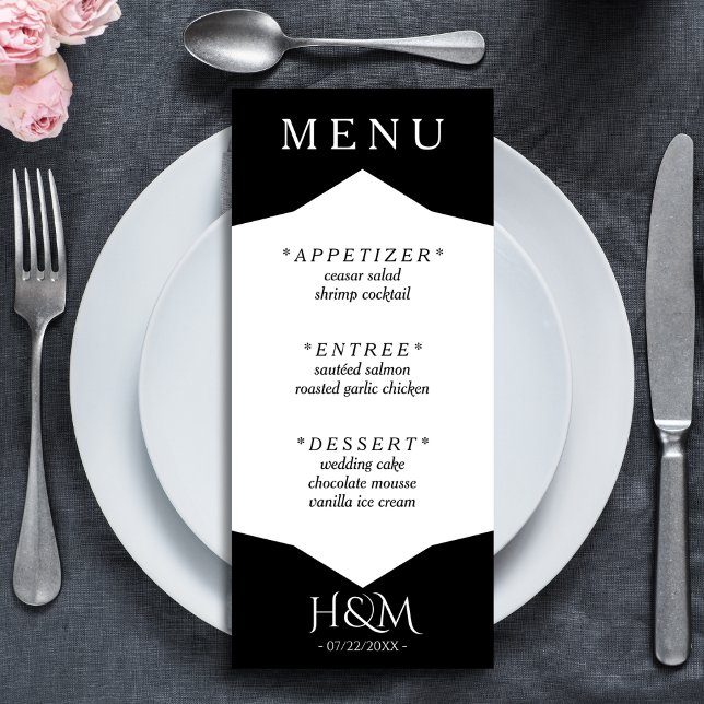 Menu Dîner géométrique noir et blanc Réception de maria (black and white wedding menu)