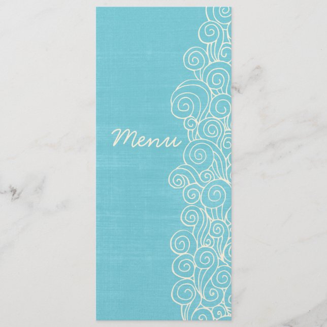 Menu dîner mariage bleu & crème tourbillons de mer (Devant)