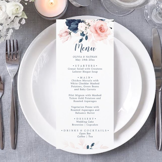 Menu Dîner Mariage bleu marine et rose vif (Créateur téléchargé)