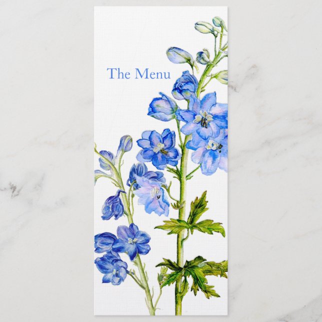 Menu dîner mariage Blue delphinium art (Devant)