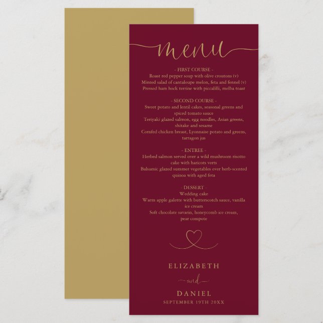 Menu Dîner Mariage Burgundy Et Gold Heart (Devant / Derrière)