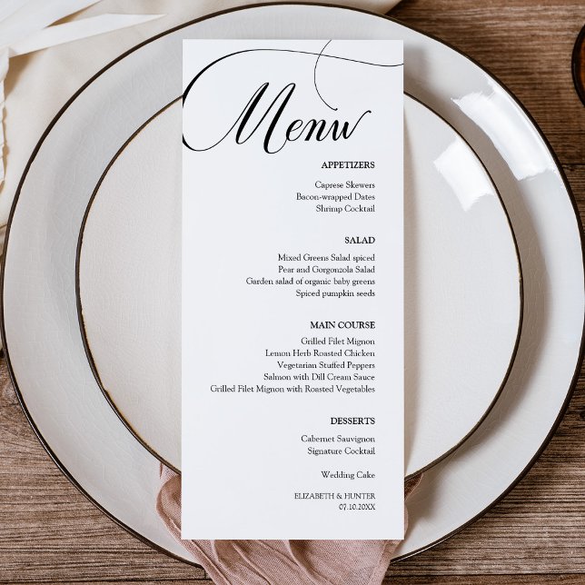 Menu Dîner Mariage de calligraphie noire délicat (Delicate Black Calligraphy Wedding Dinner Menu Card)