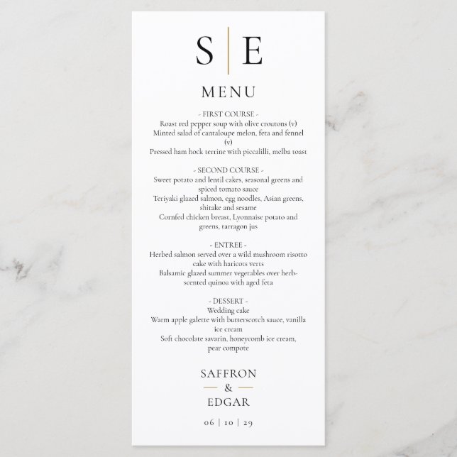 Menu Dîner Mariage Élégant Monogramme Noir Et Or (Devant)