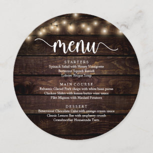Menu Dîner mariage Elopement, Lumières à cordes Bois Br