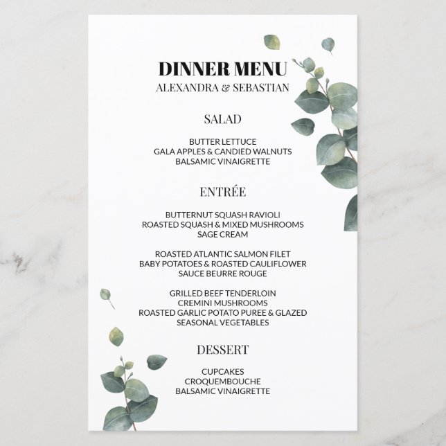 Menu Dîner Mariage Eucalyptus Vert (Devant)