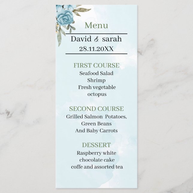 Menu Dîner Mariage Fleur Bleue Élégant (Devant)