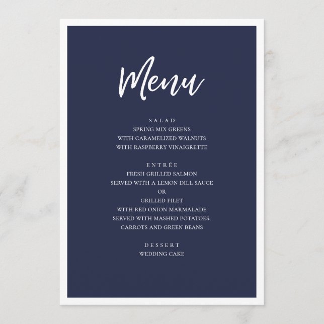 Menu Dîner mariage moderne de la Marine. Simple minimal (Devant)
