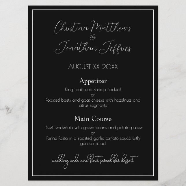 Menu Dîner Mariage noir et blanc moderne et élégant (Devant)