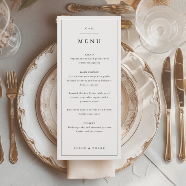 Menu Dîner Mariage noir et blanc simple (Simple Monogram Wedding Menu.)
