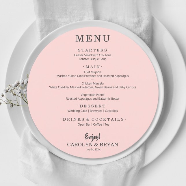 Menu Dîner Mariage rond rose simple (Créateur téléchargé)