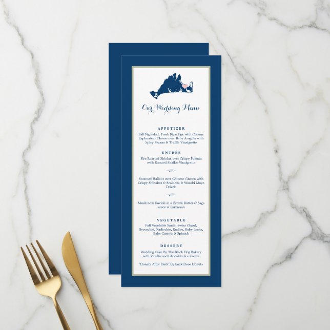 Menu Dîner Mariage rose et bleu Martha's Vineyard (Devant/Arrière en situation)
