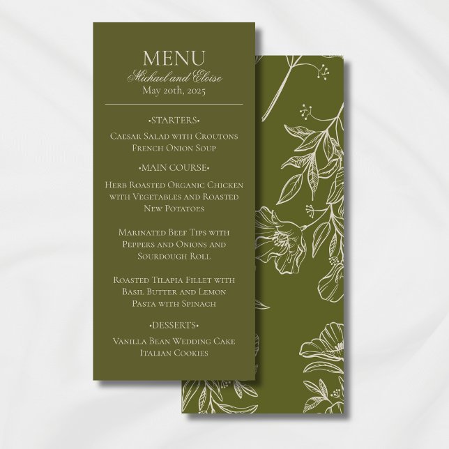 Menu Dîner Mariage vert Olive Tone Earth moderne (Modern Elegant Earth Tone Wedding Suite Theme with options to personalize for your special day.)