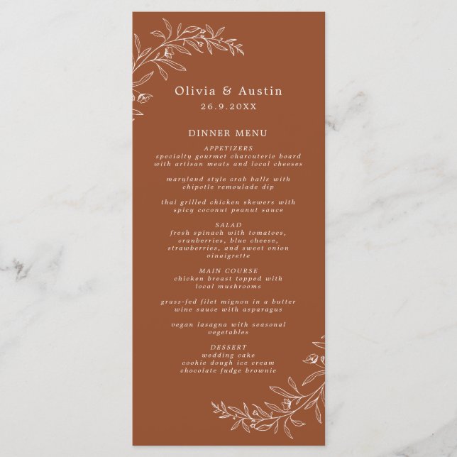 Menu Dîner minimaliste Boho Terracotta Mariage (Devant)
