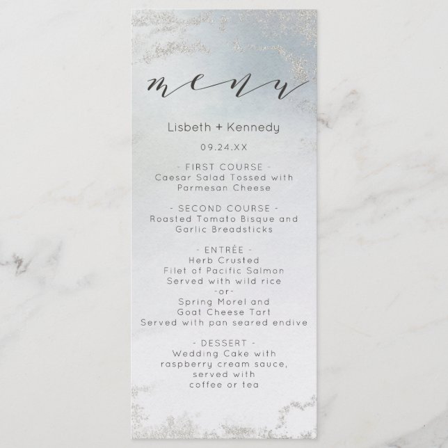 Menu Dîner Ombre Dusty Blue Frosted Silver Foil Luxe (Devant)
