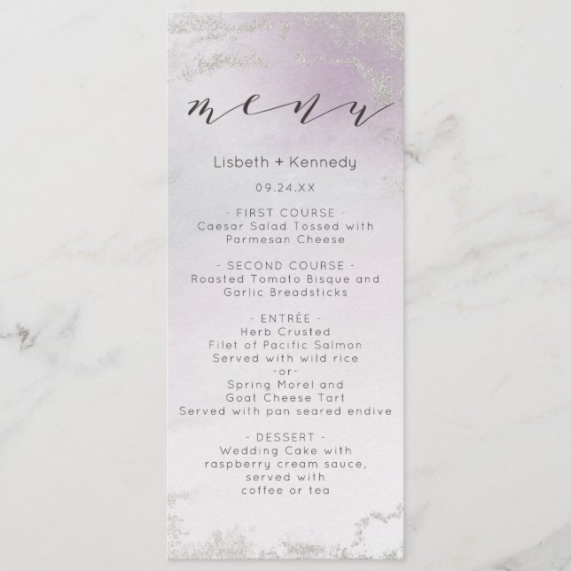 Menu Dîner Ombre Lavender Purple Silver Foil Frosted (Devant)