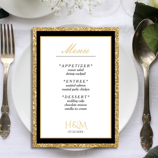 Menu Dîner Parties scintillant Blanc & Or Réception de  (black, white and gold glitter wedding menu)