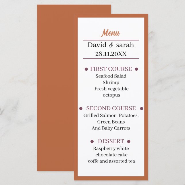 Menu Dîner simple Brown Mariage (Devant / Derrière)