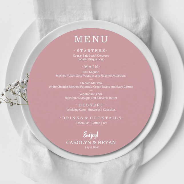 Menu Dîner simple et élégant Rose Mariage ronde  (Créateur téléchargé)