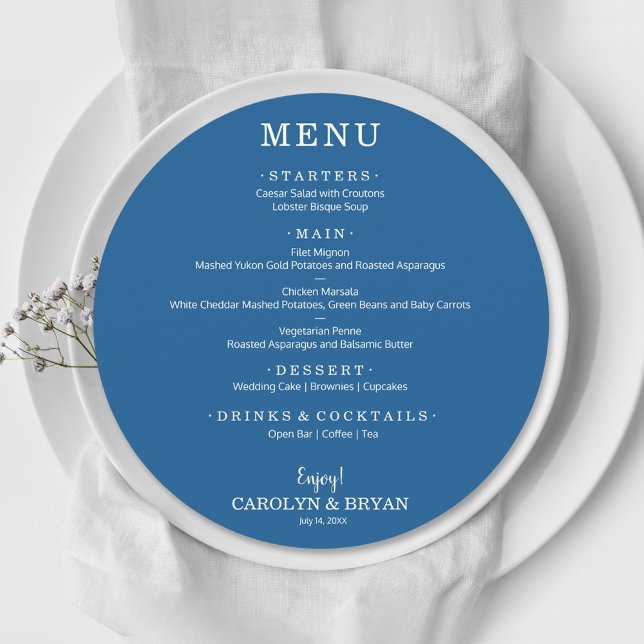 Menu Dîner simple Mariage bleu rond élégant (Créateur téléchargé)