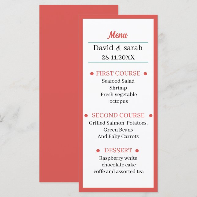 Menu Dîner simple rouge clair Mariage (Devant / Derrière)