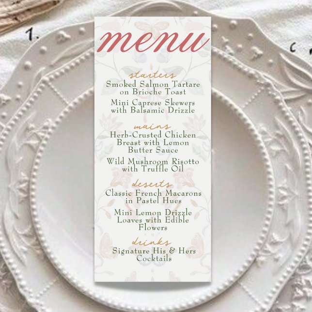 Menu Dîner Vintage Botanique Mariage Soft Blush (Créateur téléchargé)