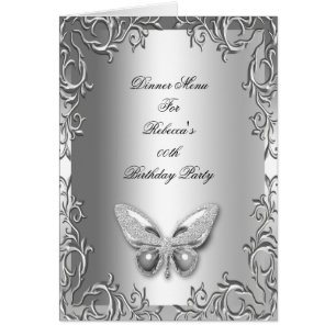 Menu Dinner Card Silver Grey Butterfly Floral