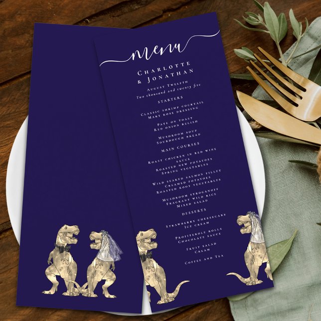 Menu Dinosaur Marine Mariage Bleu & Blanc (Dinosaur wedding menu navy blue & white modern elegant script T-Rex dino Bride & groom)