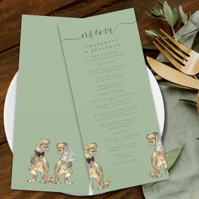 Menu Dinosaur Thème Mariage Sage Vert & Blanc (Dinosaur wedding sage green modern elegant script menu T-Rex dino bride and groom destination)