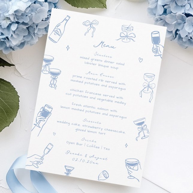 Menu Doodle Whimsical main tiré Dusty Mariage bleu (Créateur téléchargé)