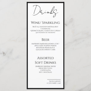 Menú Drinks Minimal Bordes Negros Boda Elegante  Menu