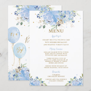 Menu du Baby shower de Ballons Floraux Bleus Chic 