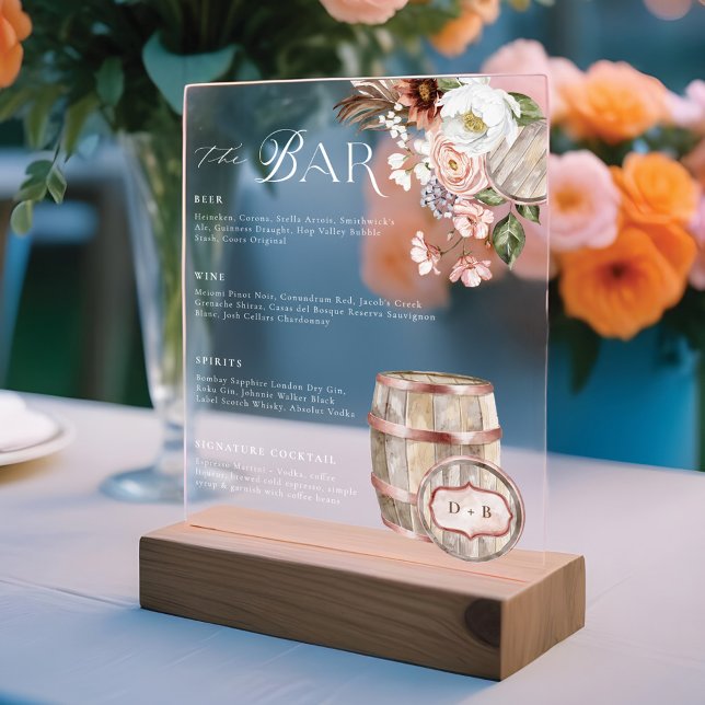 Menu du bar à boissons de mariage occidental bohèm (Floral Boho Western Country Wedding Drink Bar Menu Acrylic Sign)