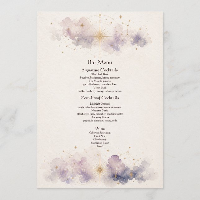 Menu du Bar de Mariage Céleste (Devant)