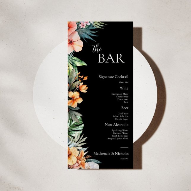 Menu du bar de mariage floral tropical bohème fonc (tropical wedding bar menu)