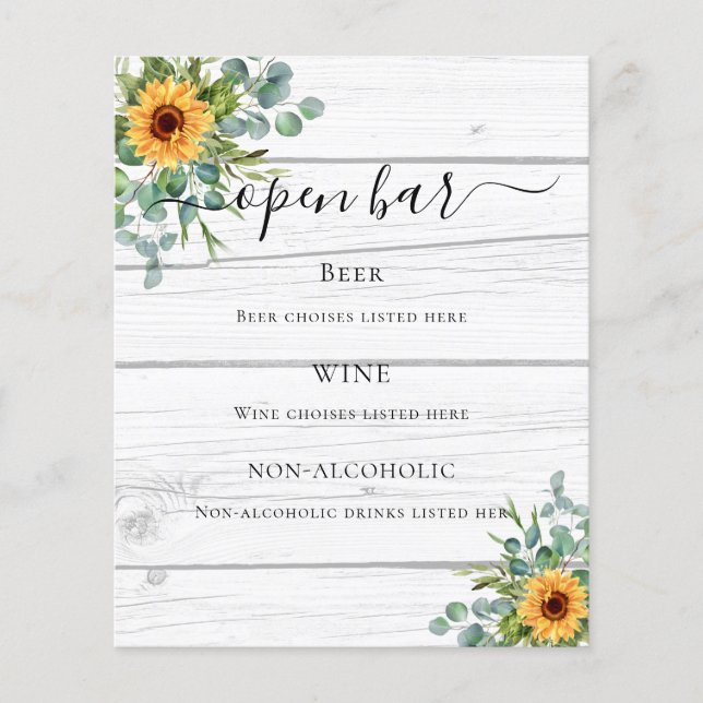 Menu du bar en bois de Sunflower eucalyptus (Devant)
