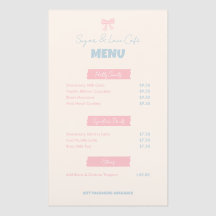 Menu du Café Pink Bow Pâtisserie sur mesure Pastel