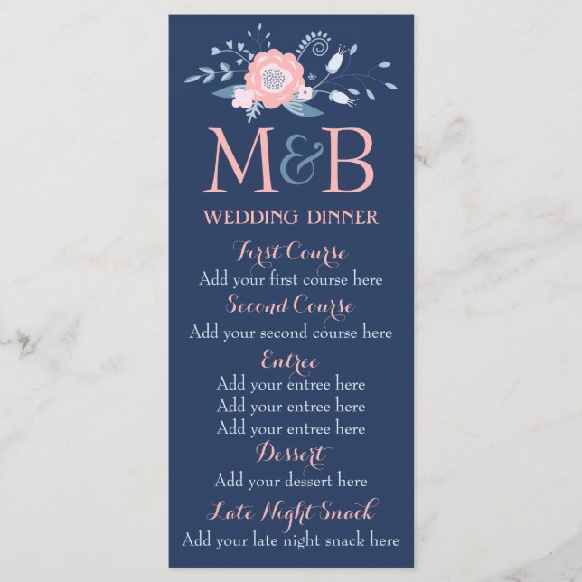 Menu du dîner bleu et blanc mariage modèle (Devant)