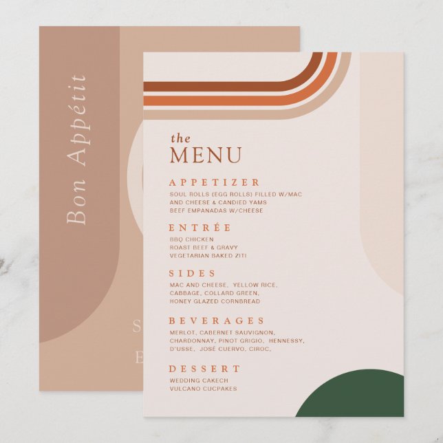 Menu du dîner Boho Arch Terracotta Rouille Beige (Devant / Derrière)