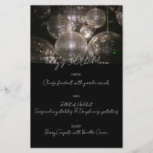 Menu du dîner d'anniversaire de la boîte de nuit S