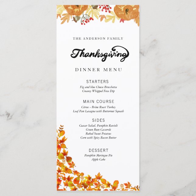 Menu du dîner de Thanksgiving citrouille (Devant)