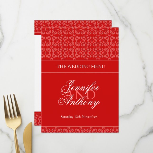 Menu du dîner mariage à bandes rouges (Devant/Arrière en situation)