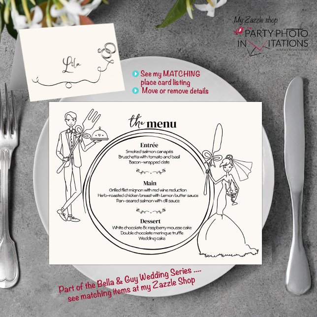 Menu du dîner Mariage à main (Bella and Guy Hand drawn series Menu Landscape)