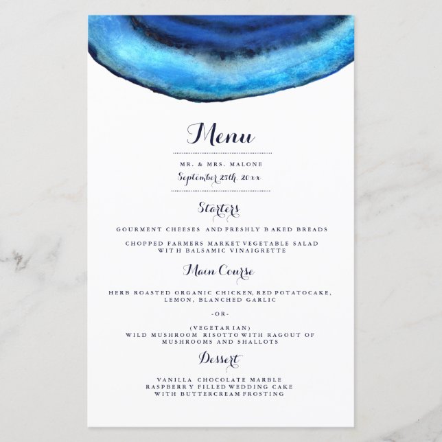 Menu du dîner Mariage Blue Agate (Devant)