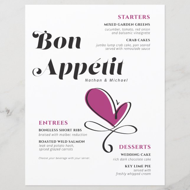 Menu du dîner Mariage Bon Appetit (Devant)