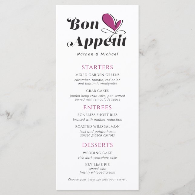 Menu du dîner Mariage Bon Appetit (Devant)
