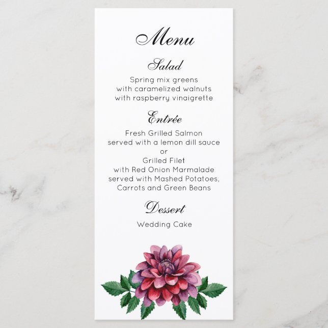 Menu du dîner mariage bordeaux. Dahlias, soirée me (Devant)